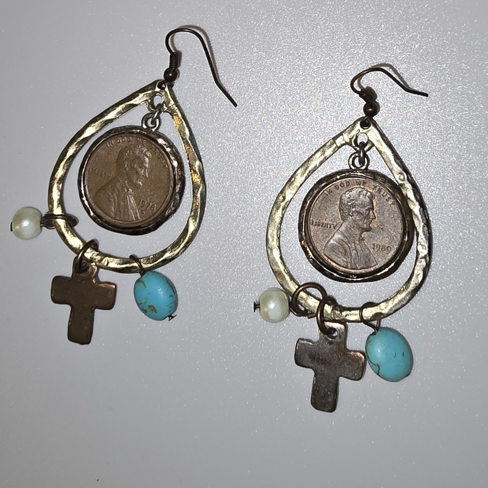 Beautiful distressed coin earrings with turquoise and pearl accents